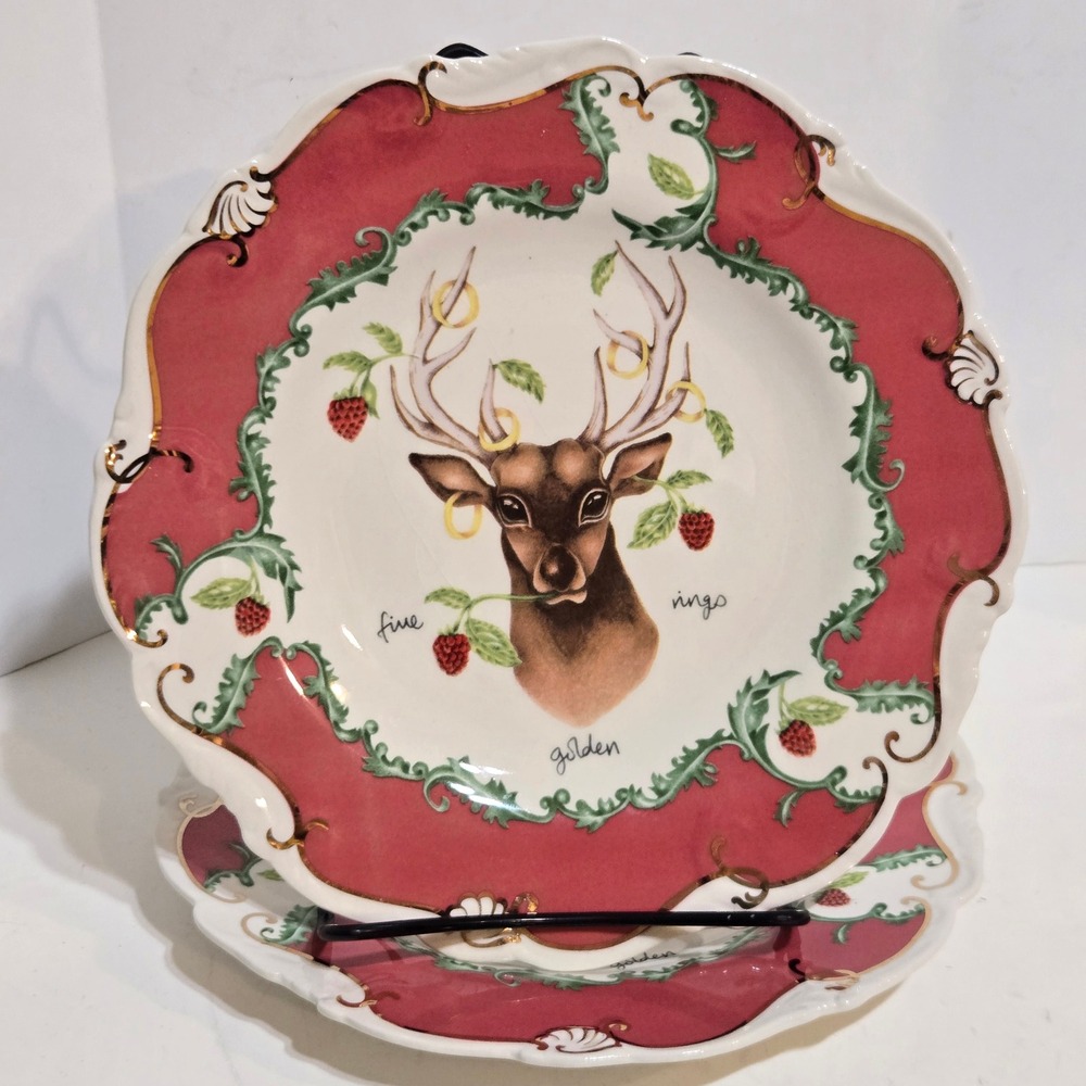 Anthropologie Lou Rota Dessert Plate Set 9.25" Red Five Golden Rings Deer New